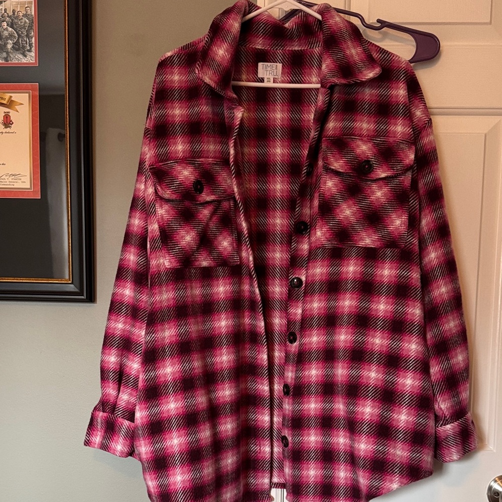 Time and Tru Pink and Black Plaid Button-Up Shacket